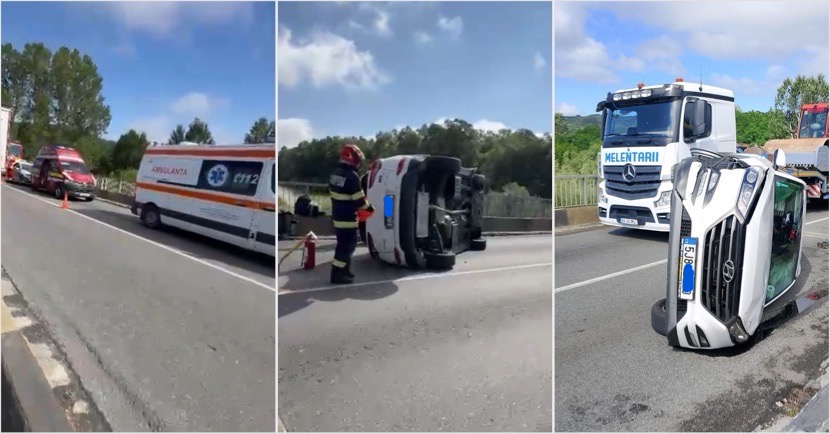 Accident bizar pe DN7 Masina rasturnata
