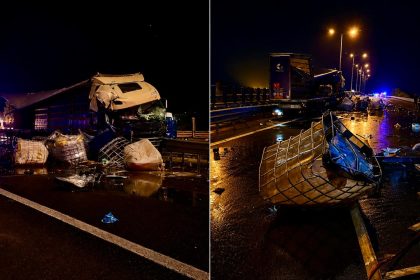 Dezastru pe A1 Coliziune puternica intre vehicule de mari dimensiuni Trafic afectat