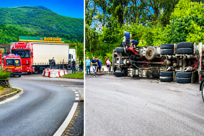 Mastodont rasturnat pe DN 7 Pitesti Sibiu Engreunare a circulatiei
