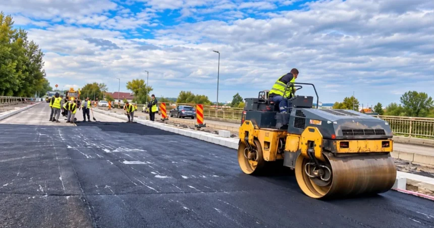 Pitești: A început asfaltarea podului peste Râul Doamnei